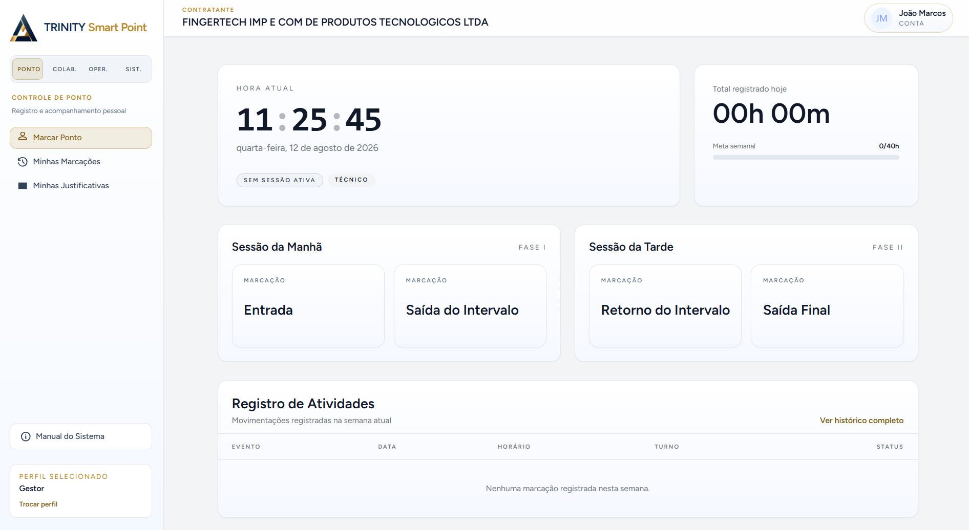 Tela inicial do sistema, com menu lateral, botões para marcação de ponto, indicadores de jornada e registro dos últimos pontos batidos