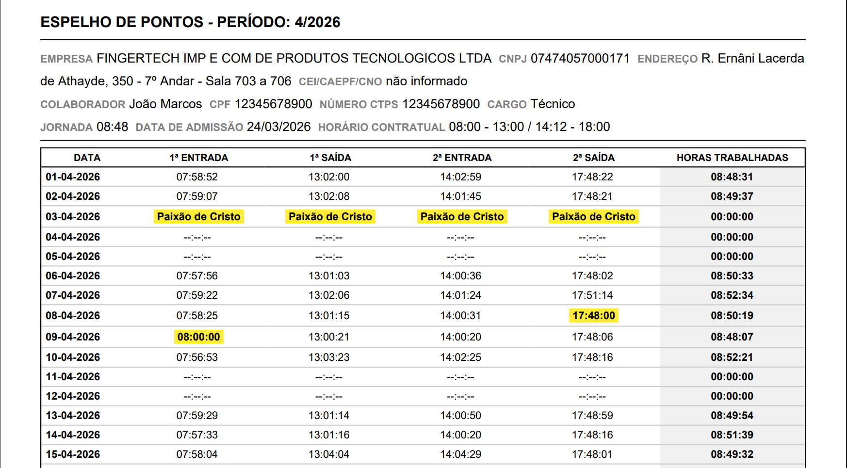 Imagem do espelho de ponto, mostrando informações da empresa e colaborador, pontos marcados, justificados e feriados.