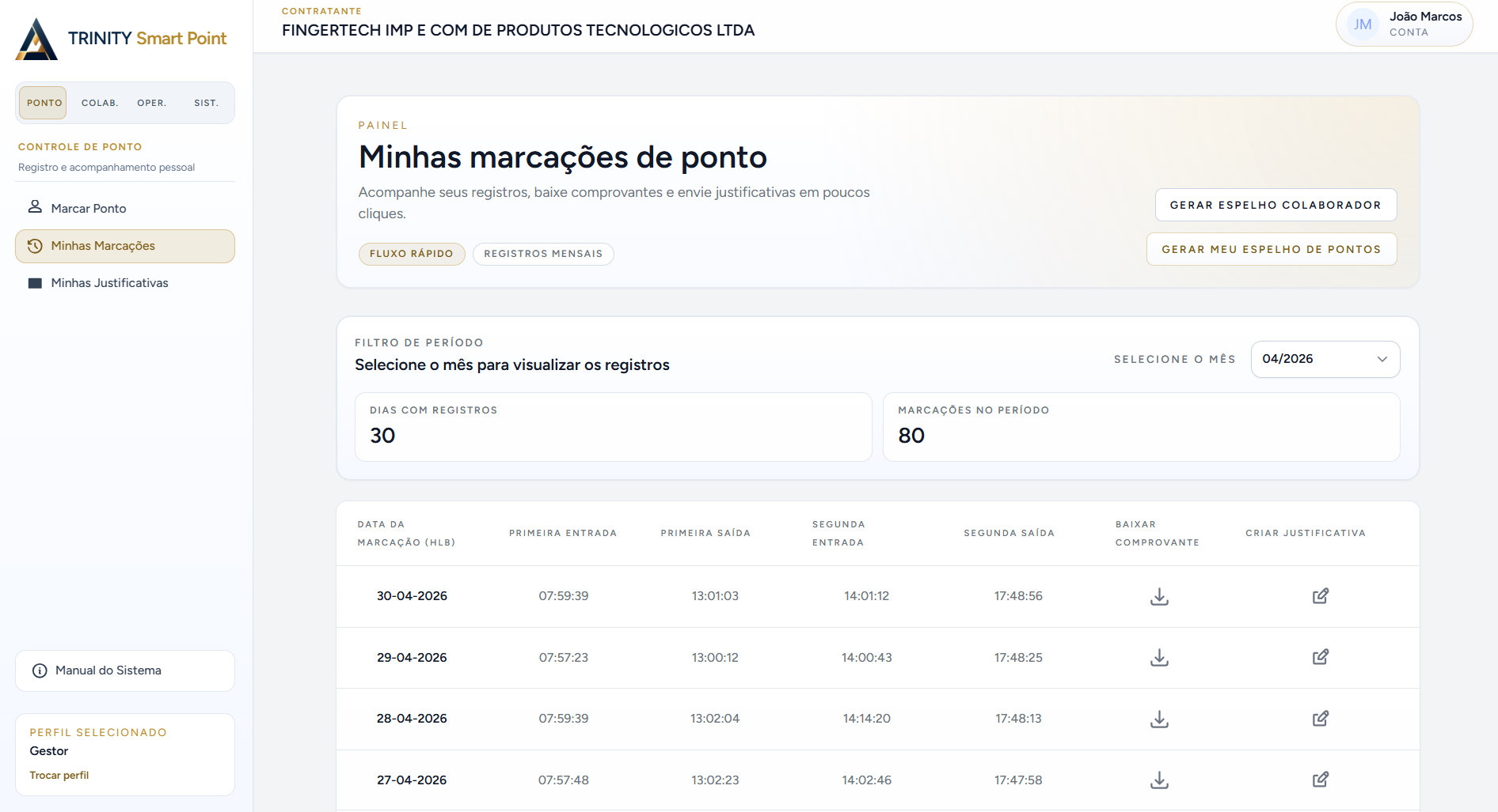 Tela com lista de marcações de ponto, mostrando data, hora e tipo de ponto, com opções de filtro e botões para geração de espelhos de pontos.
